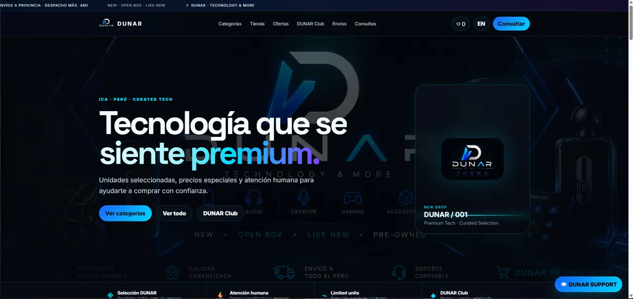Captura de la página principal de DUNAR Store