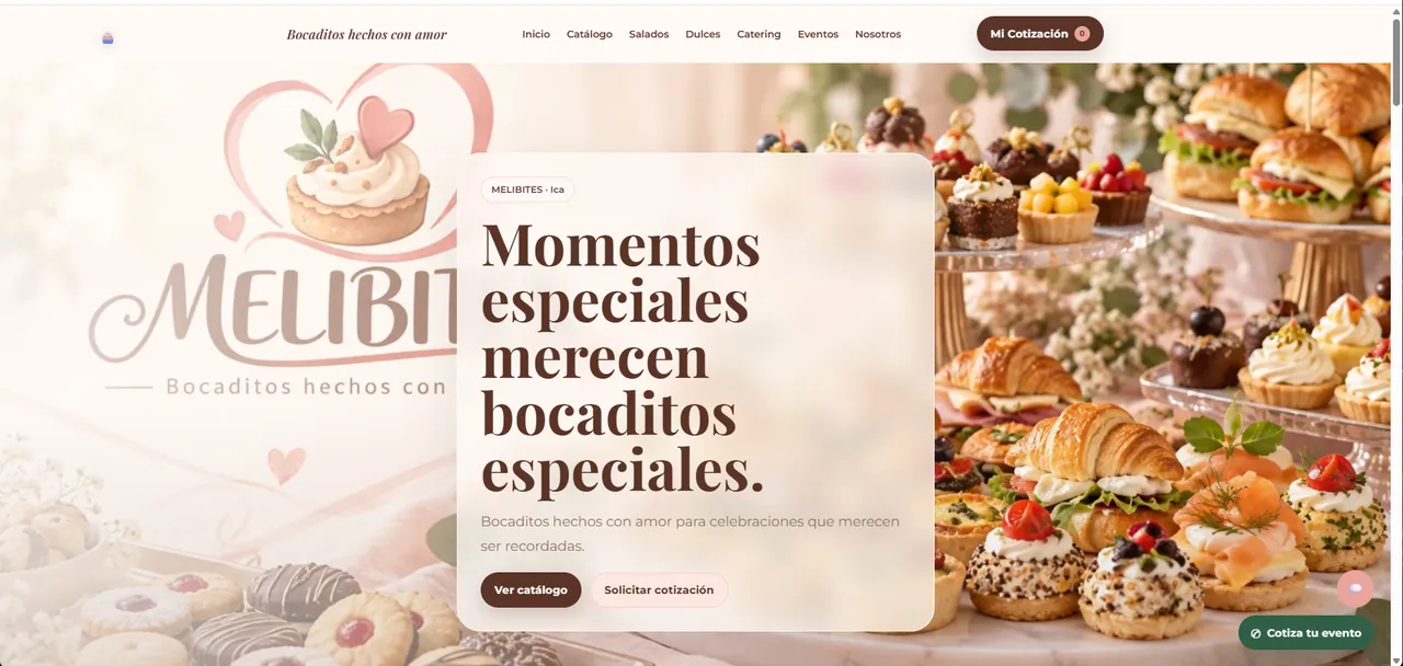 Captura del sitio de MELIBITES y su catálogo de bocaditos
